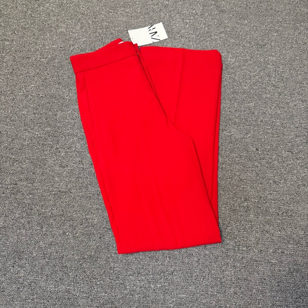 NWT Zara Cherry Red Wide Leg Pants Size S Trousers High Rise Holiday Pockets